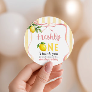 Freshly One Bow Pink Yellow Lemon First Birthday Classic Round Sticker