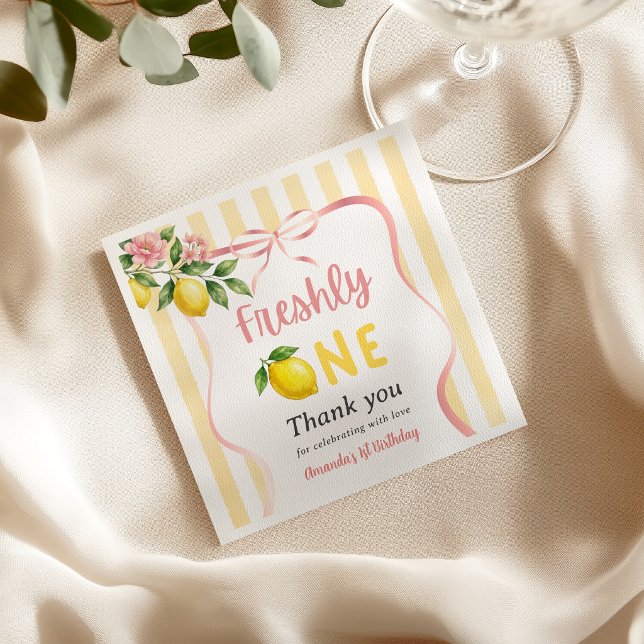 Freshly One Bow Pink Yellow Lemon First Birthday Napkin (Creator Uploaded)