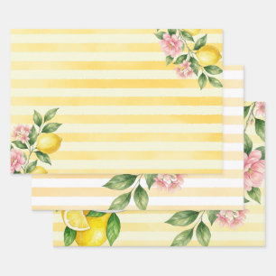 Freshly One Bow Pink Yellow Lemon First Birthday Wrapping Paper Sheet