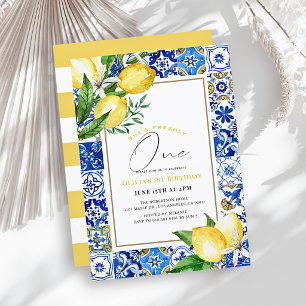 Freshly One Lemon Blue Tile Girl 1st Birthday Invitation
