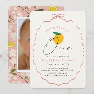 Freshly One Pink Bow Lemon Photo Girl 1st Birthday Invitation