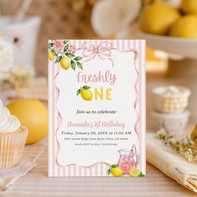 Freshly One Sweet Lemonade First Birthday Pink Bow Invitation (Creator Uploaded)
