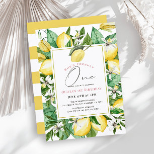 Freshly One Watercolor Lemon Girl 1st Birthday Invitation