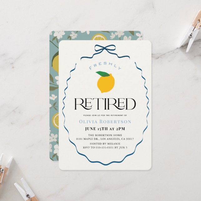 Freshly Retired Blue Bow Lemon/Citrus Retirement Invitation (Front/Back In Situ)