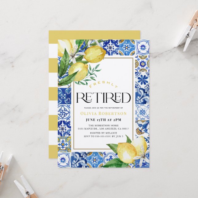 Freshly Retired Lemon Blue Tile Retirement Invitation (Front/Back In Situ)