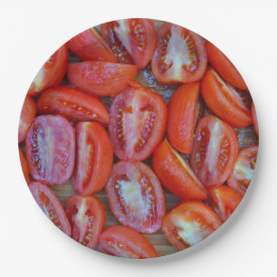 Freshly sliced tomatoes paper plate