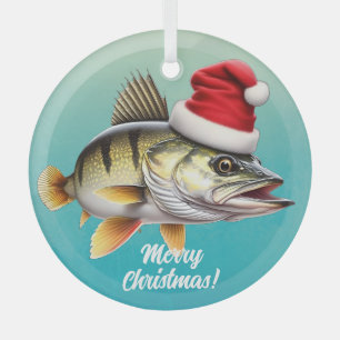 Freshwater Perch in Santa Hat Christmas Glass Tree Decoration