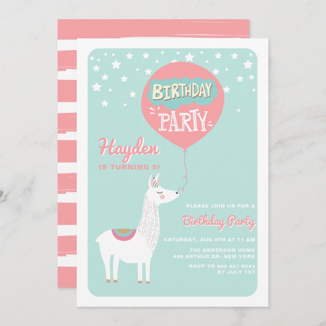 Frestive Alpaca Kids Birthday Party Invitation I (Front/Back)