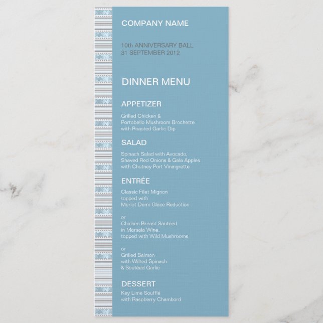 Fret Stripe Cornflower Dinner Menu (Front)