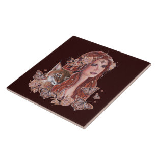 Freya  goddess art with lynx by Renee Lavoie Tile