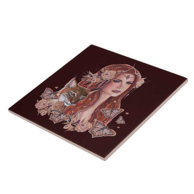 Freya  goddess art with lynx by Renee Lavoie Tile (Side)