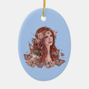 Freya goddess with lynx by Renee Lavoie Ceramic Tree Decoration