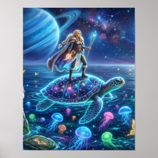 Freya Rides the World Turtle-Nordic Fantasy Art Poster