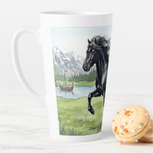 Freydis Black Horse in Nordic Landscape Latte Mug