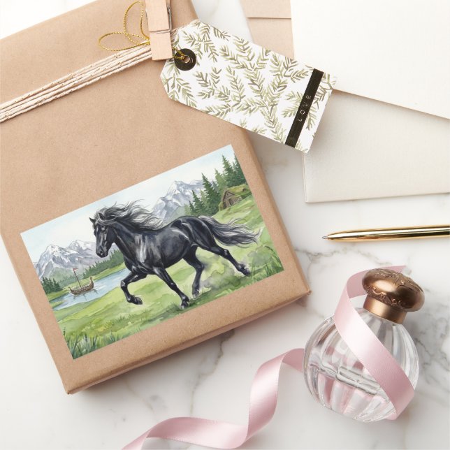 Freydis Black Horse in Nordic Landscape Rectangular Sticker (Gifting)