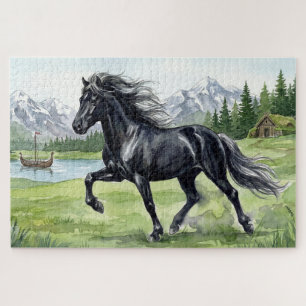 Freydis Black Icelandic Horse in Nordic Landscape Jigsaw Puzzle