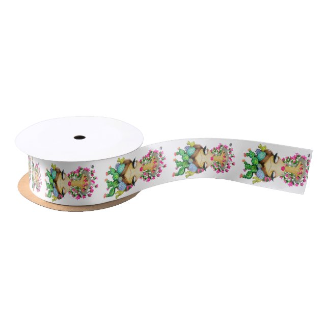 Frida Cacti Ribbon, White Vertical Satin Ribbon (Spool)