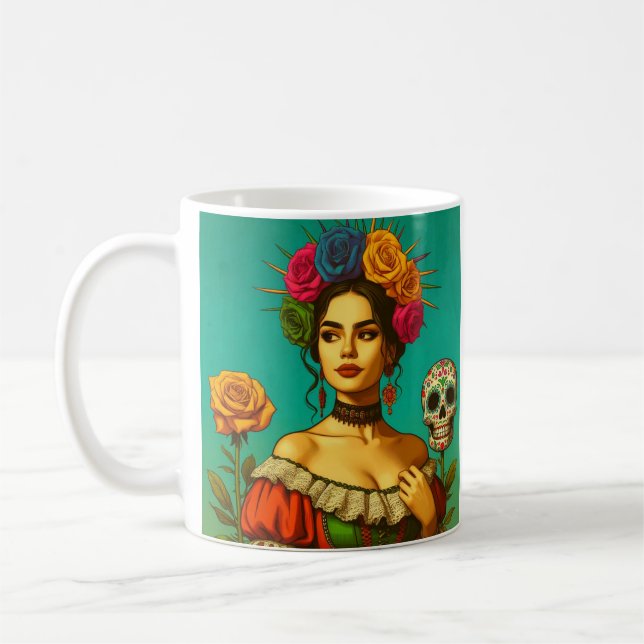 Frida Inspired Floral Portrait Art Coffee Mug (Left)