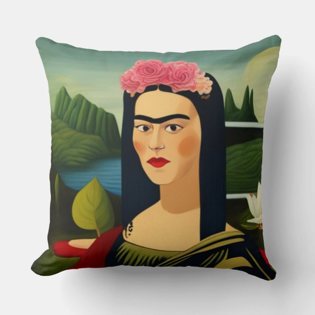 Frida Kahlo as Mona Lisa Throw Pillow (Front)