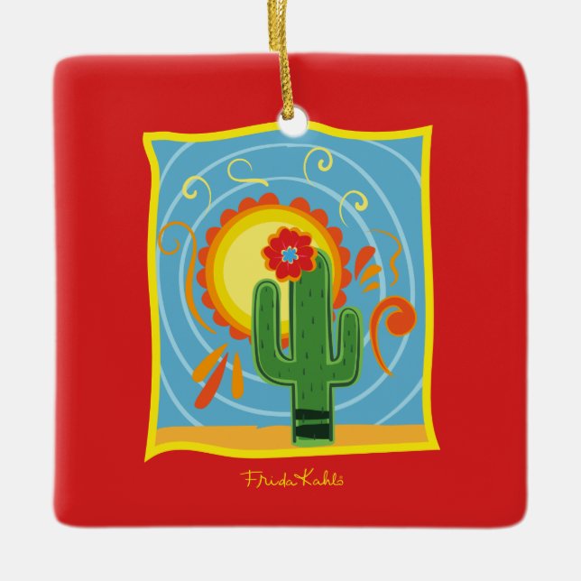 Frida Kahlo Cactus Graphic Ceramic Ornament (Front)