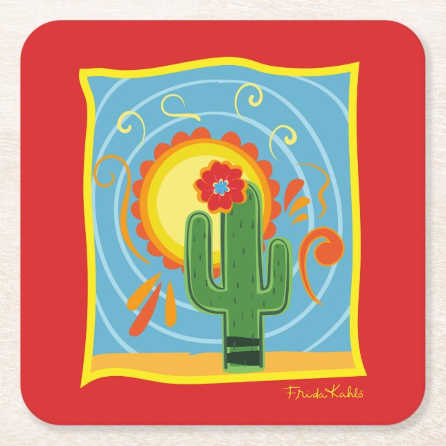 Frida Kahlo Cactus Graphic Square Paper Coaster (Front)