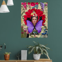 Frida Kahlo Cat Monkey Colourful Floral Collage