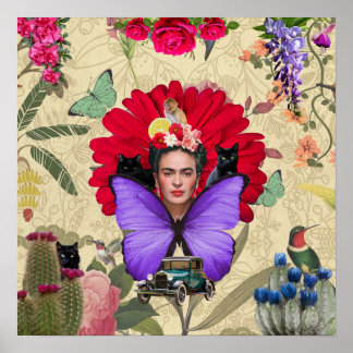 Frida Kahlo Cat Monkey Colourful Floral Collage  Poster