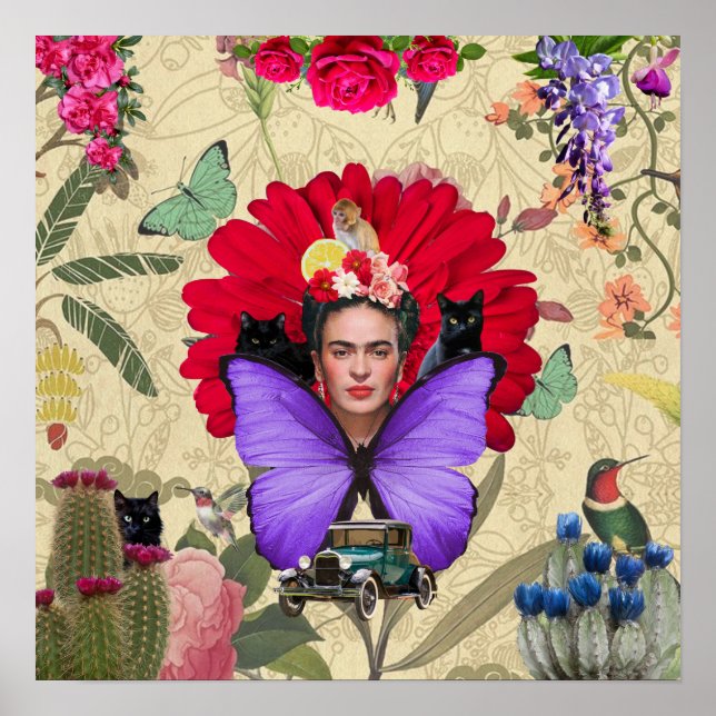 Frida Kahlo Cat Monkey Colourful Floral Collage  Poster (Front)