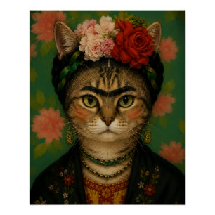 Frida Kahlo Cat Portrait Floral Art Print 