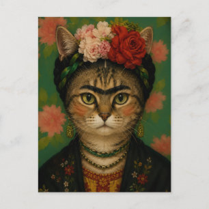 Frida Kahlo Cat Portrait Floral Art Print Postcard