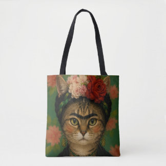 Frida Kahlo Cat Portrait Floral Art Print Tote Bag