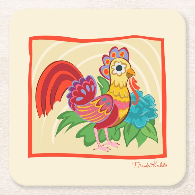 Frida Kahlo Chicken Graphic Square Paper Coaster (Front)