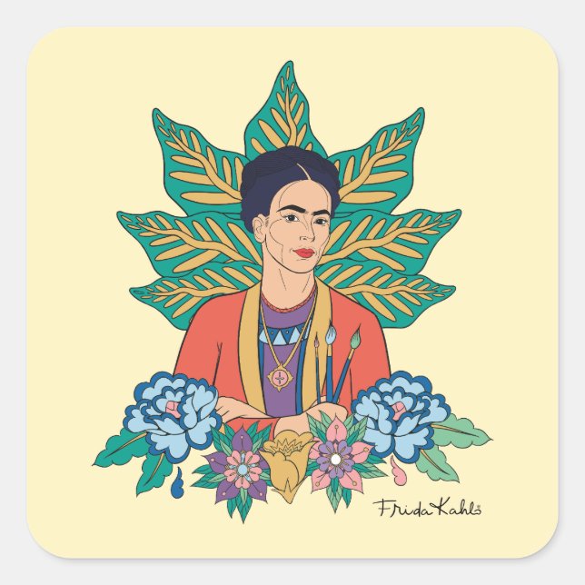 Frida Kahlo Colourful Floral Graphic Square Sticker (Front)