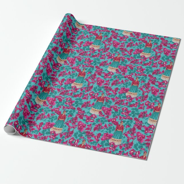 Frida Kahlo in Pink Bougainvillea Wrapping Paper (Unrolled)
