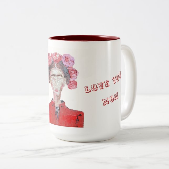 Frida Kahlo Love you Mum White and Red Faceless  Two-Tone Coffee Mug (Front Right)