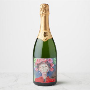 Frida Kahlo Mexico Original Red Floral Pink Woman Sparkling Wine Label