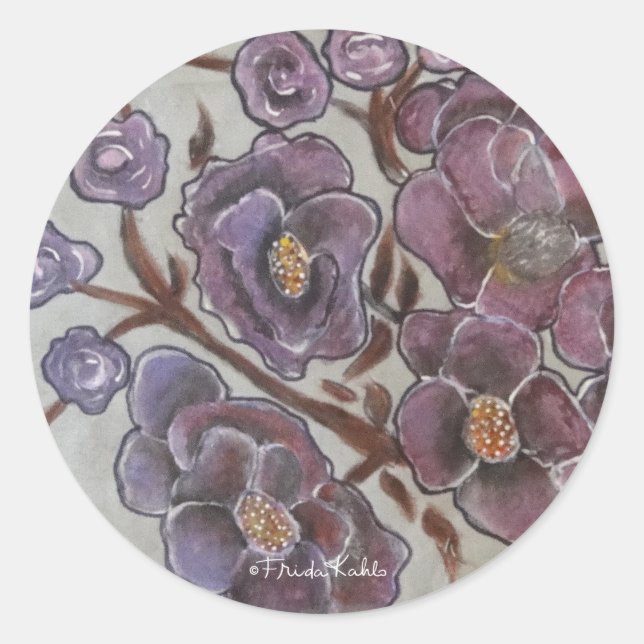 Frida Kahlo Painted Flowers Classic Round Sticker (Front)