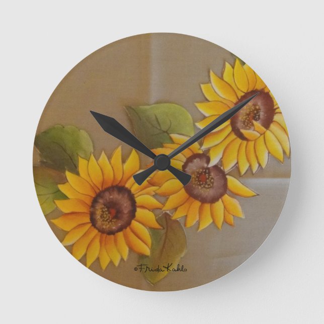Frida Kahlo Painted Sunflowers Round Clock (Front)