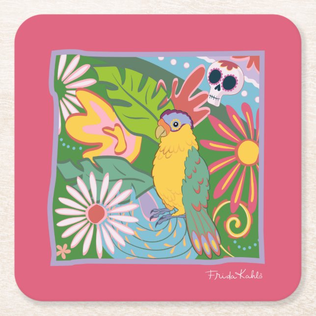 Frida Kahlo Parrot Graphic Square Paper Coaster (Front)