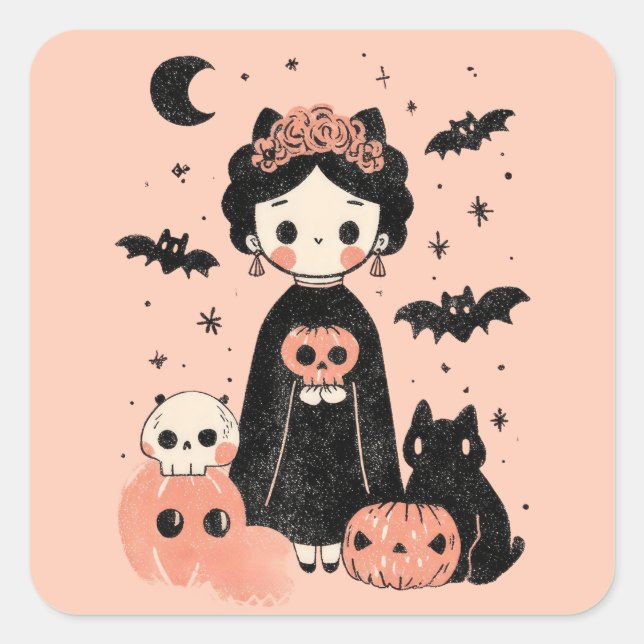 Frida Kahlo Pink Pasteloween Spooky Cute Halloween Square Sticker (Front)