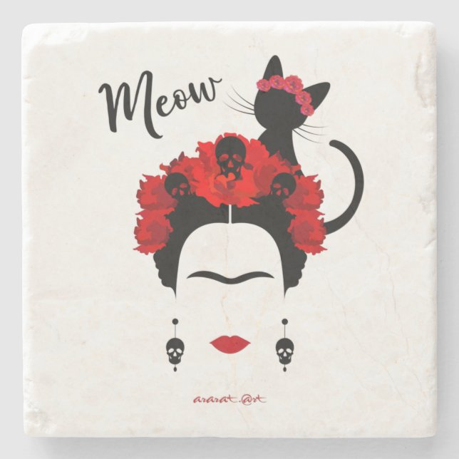 Frida Kahlo portrait and cute meow Mexican Cat  Stone Coaster (Front)