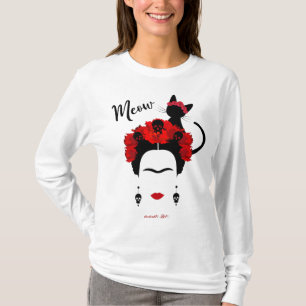  Frida Kahlo portrait and cute meow Mexican Cat   T-Shirt