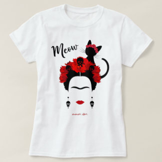 Frida Kahlo portrait and cute meow Mexican Cat  T T-Shirt