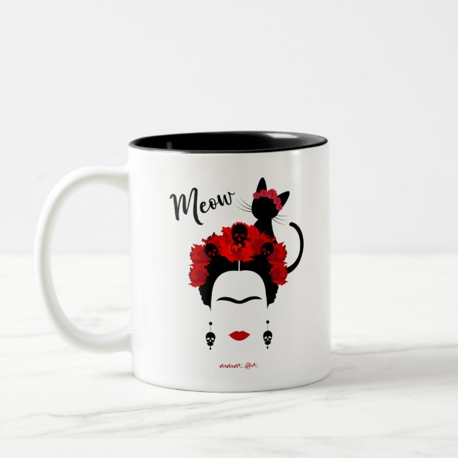 Frida Kahlo portrait and cute meow Mexican Cat  Two-Tone Coffee Mug (Left)