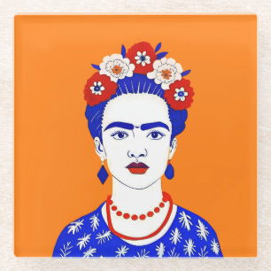 Frida Kahlo Portrait - Graphic Illustration Glass Coaster