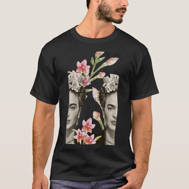 Frida Kahlo print, flowers, colour, black and whit T-Shirt (Front)