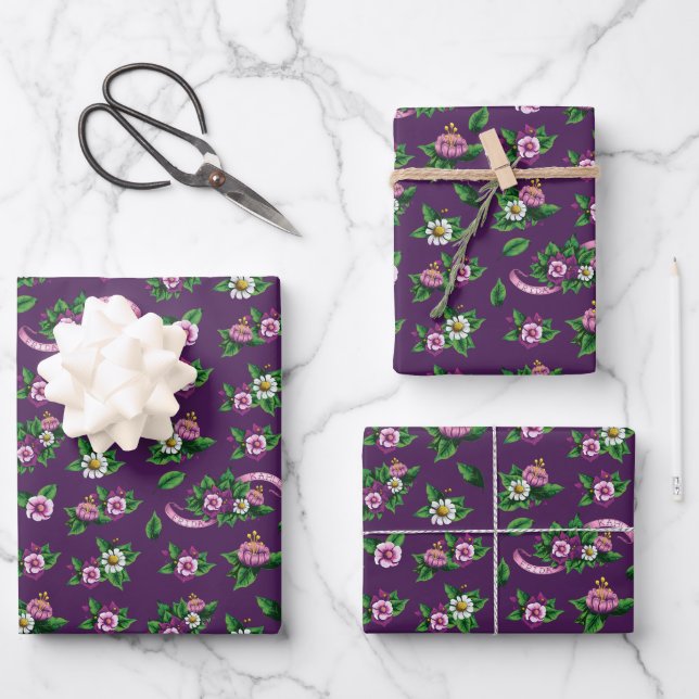 Frida Kahlo | Purple Floral Bouquet Pattern Wrapping Paper Sheet (Front)