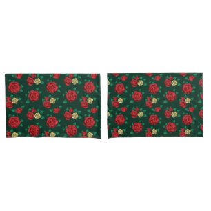 Frida Kahlo   Red and Gold Rose Pattern Pillowcase