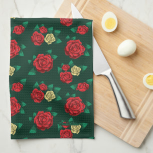 Frida Kahlo Red and Gold Rose Pattern Tea Towel