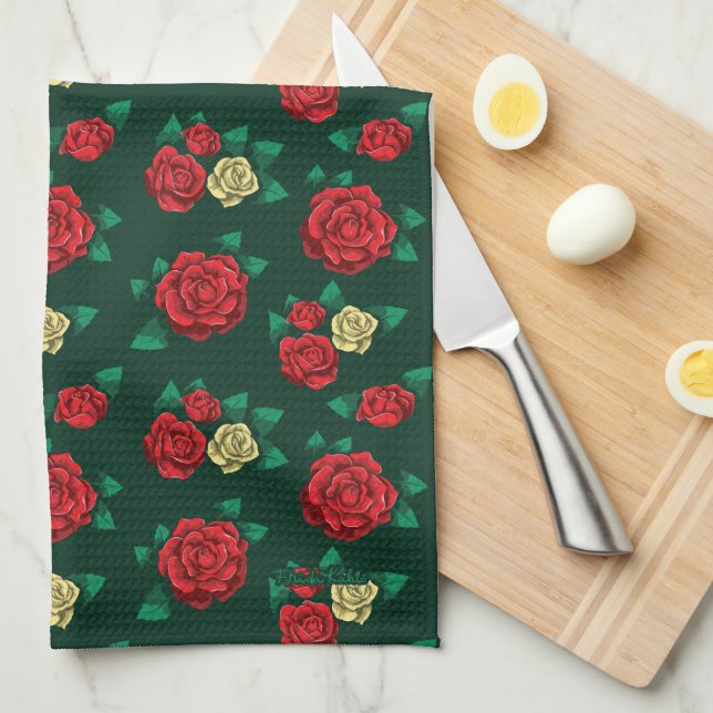 Frida Kahlo | Red and Gold Rose Pattern Tea Towel (Quarter Fold)